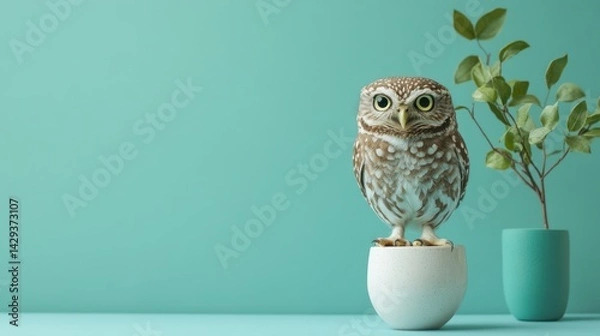 Obraz Adorable Little Owl Perched on a Pot Against a Teal Background