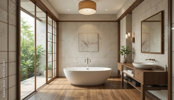 Obraz Modern bathroom with a freestanding tub, wood accents, and natural light creates a relaxing spa experience at home.