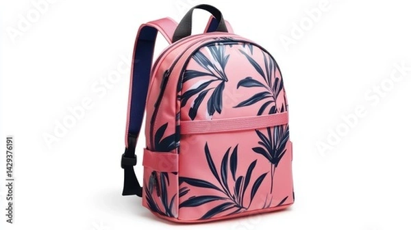 Obraz Pink backpack with dynamic graphic print, adjustable straps, and smooth, durable zippers, isolate on white background
