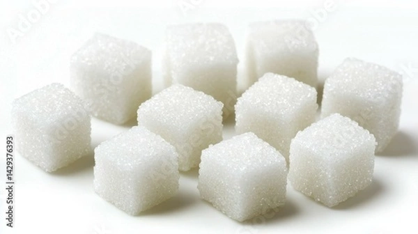 Fototapeta Isolated White Sugar Cube Collection on Crisp White Background
