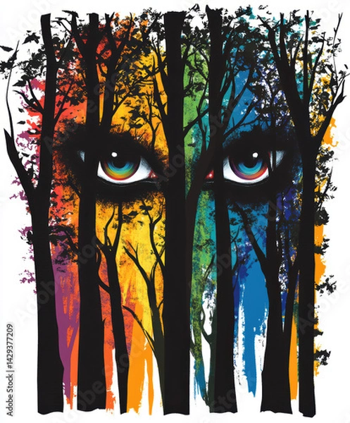 Fototapeta Colorful eyes looking through a foreboding forest on pure white background