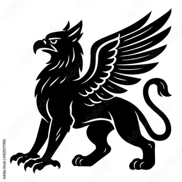 Obraz Vector illustration of a griffin, a mythical creature with an eagle's head and wings and a lion's body, in black and white. Represents mythology, fantasy, and heraldry.