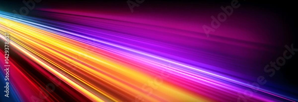 Fototapeta An abstract background is formed by multicolor light rays converging intensely from a point on the left, featuring bright neon hues against darkness.