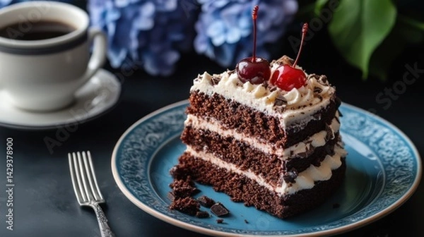 Obraz A decadent slice of Black Forest cake, adorned with cherries and whipped cream, sits on a teal plate.  A cup of coffee and a fork complete the image, suggesting a delightful afternoon treat.