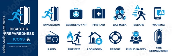 Fototapeta disaster and crisis preparation and management icon set including evacuation, emergency kit, rescue, public safety, fire exit, lock down etc.