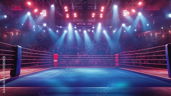 Obraz A boxing ring under bright stage lights in a crowded indoor stadium with audiences, red ropes, and blue flooring.