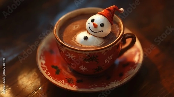 Obraz A miniature snowman takes a relaxing bath in a warm cup of hot chocolate, a festive and heartwarming winter scene.