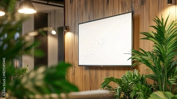 Obraz A flat-screen TV mounted on a wooden wall with green plants and warm-toned lighting.