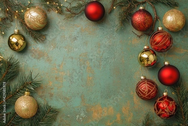 Obraz Festive Christmas Ornament Background: Red and Gold Baubles on Rustic Green