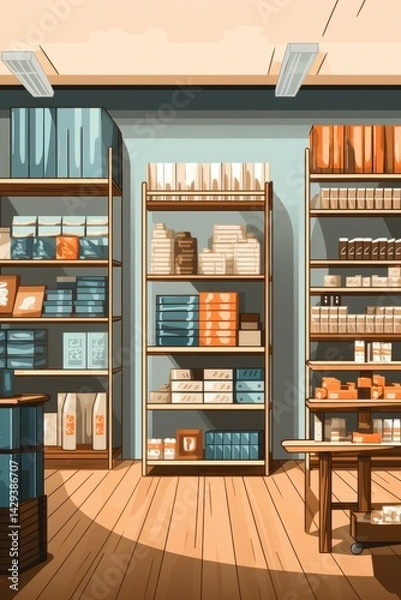 Fototapeta A colorful bookstore with neatly arranged bookshelves and a sunny window