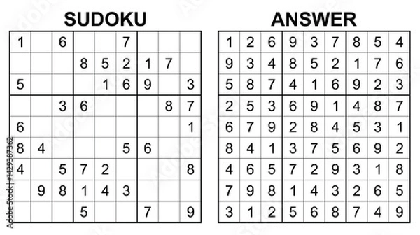 Fototapeta Vector sudoku with answer 37. Educational game with numbers for kids and leisure for adult on white background.
