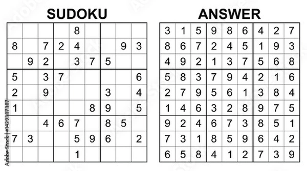 Fototapeta Vector sudoku with answer 36. Educational game with numbers for kids and leisure for adult on white background.