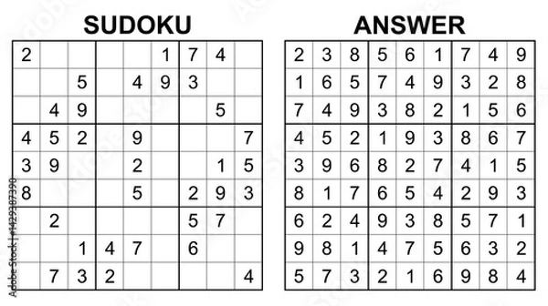 Fototapeta Vector sudoku with answer 38. Educational game with numbers for kids and leisure for adult on white background.