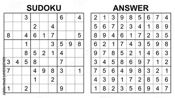 Fototapeta Vector sudoku with answer 40. Educational game with numbers for kids and leisure for adult on white background.
