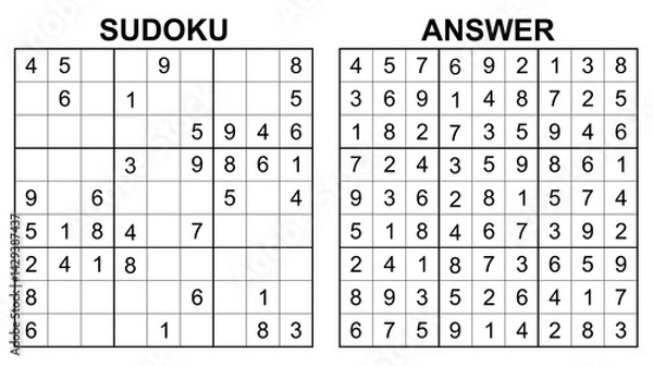 Fototapeta Vector sudoku with answer 39. Educational game with numbers for kids and leisure for adult on white background.