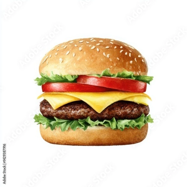 Fototapeta A vibrant burger illustration featuring layers of cheese, 