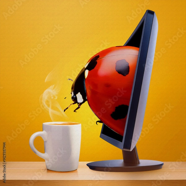Obraz oil painting style illustration ladybug look in front of desktop computer looking at monitor in yellow background 5