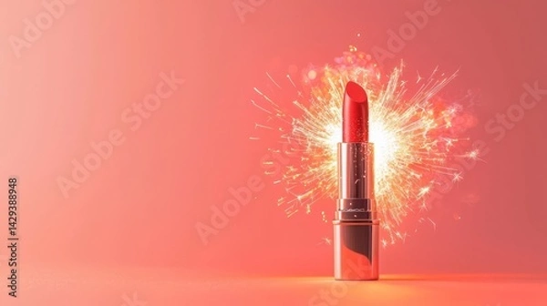 Fototapeta A single lipstick bursting like a firework, displayed on a soft coral background.