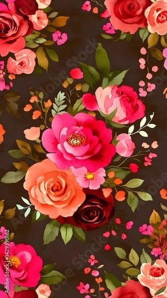 Obraz Vibrant Watercolor Floral Seamless Pattern Dark Background