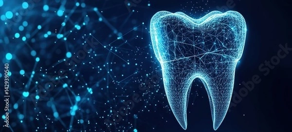 Obraz Digital wireframe tooth model with glowing nodes and light particles on dark blue background.