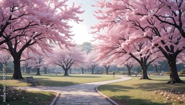 Fototapeta Cherry Blossom Park in Spring with Soft Pastel Colors