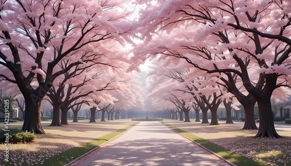 Fototapeta Cherry Blossom Park in Spring with Soft Pastel Colors