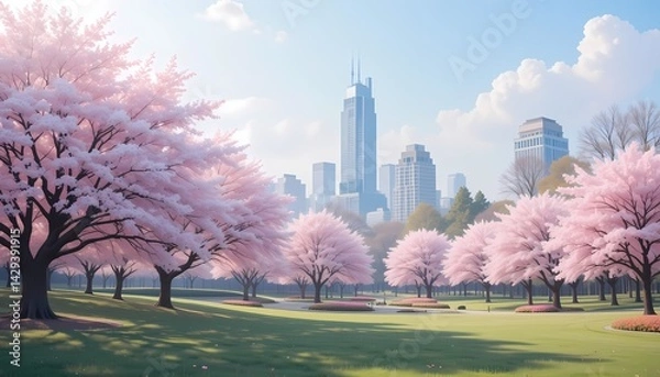 Fototapeta Cherry Blossom Park in Spring with Soft Pastel Colors
