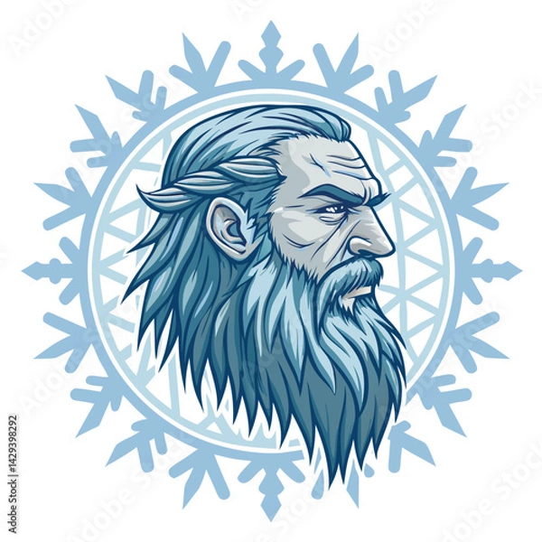 Fototapeta A majestic frost giant's head, weathered and imposing, with a magnificent beard intricately sculpted from sharp, glistening icicles.  High detail, dramatic lighting.