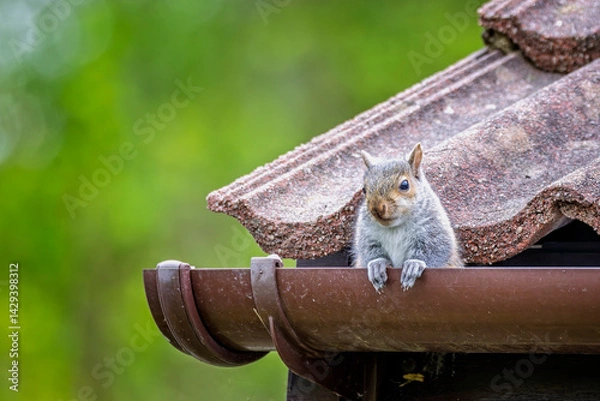 Fototapeta Close up of a grey squirrel sitting on gutter edge by roof tiles in Wiltshire, country side, UK in April 2025
