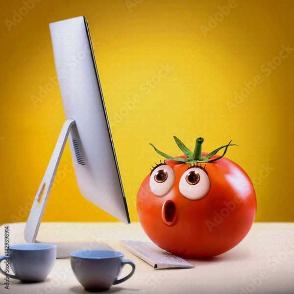 Obraz oil painting style illustration surprised tomato look in front of desktop computer looking at monitor in yellow background