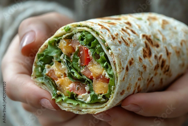 Fototapeta person eating a healthy wrap while standing in line,