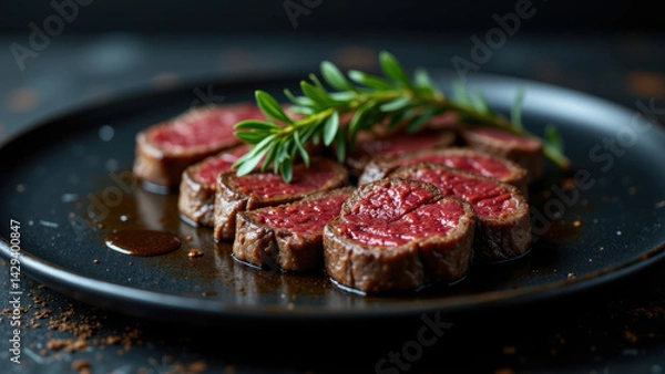 Fototapeta Serving of seared tuna steaks with herbs on a plate for a ketogenic meal.
