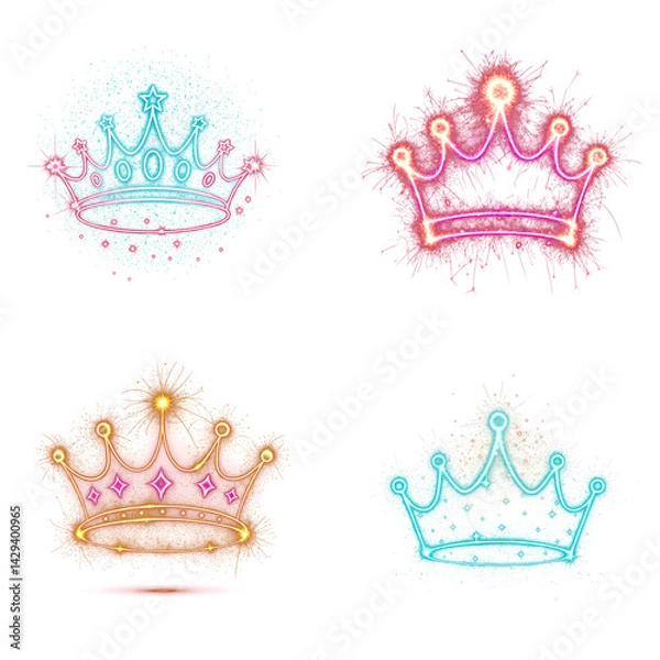 Fototapeta Colorful Neon Crown with Fireworks Sparkles and Light Effects Isolated Transparent Background PNG