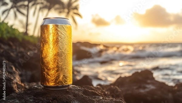Obraz Golden Sunset Beer Can on Tropical Beach Rocks