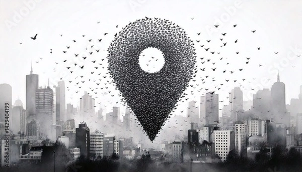 Fototapeta Starlings in murmurs forming a tall, loose shape of a locator icon over a hazy, fuzzy cityscape in the foreground on a blank white background in a simple watercolor style with lots of open space