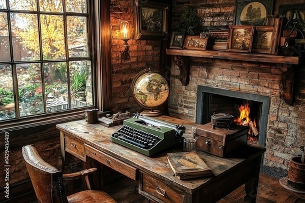 Fototapeta A rustic study with a typewriter, globe, fireplace, and vintage books, bathed in warm light.