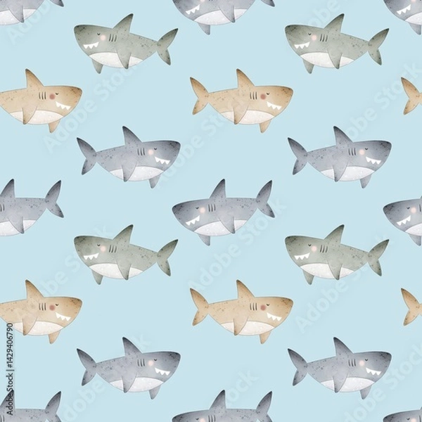 Obraz  undersea seamless pattern with cartoon sharks. Colorful illustration flat for kids. hand drawing. baby design for fabric, print, wrapper, textile