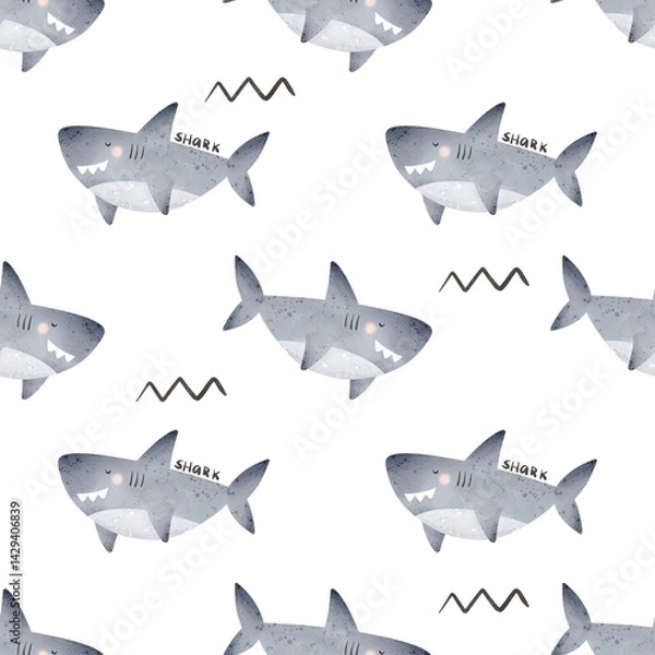 Obraz  undersea seamless pattern with cartoon sharks. Colorful illustration flat for kids. hand drawing. baby design for fabric, print, wrapper, textile