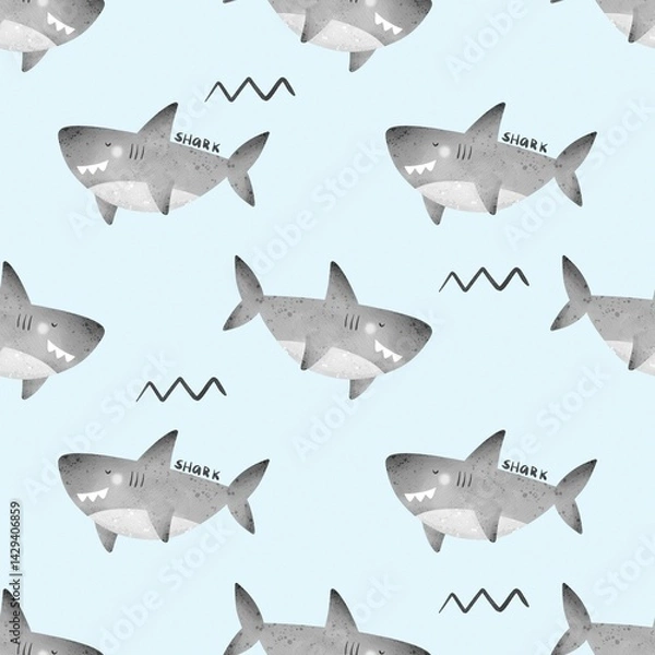 Obraz undersea seamless pattern with cartoon sharks. Colorful illustration flat for kids. hand drawing. baby design for fabric, print, wrapper, textile