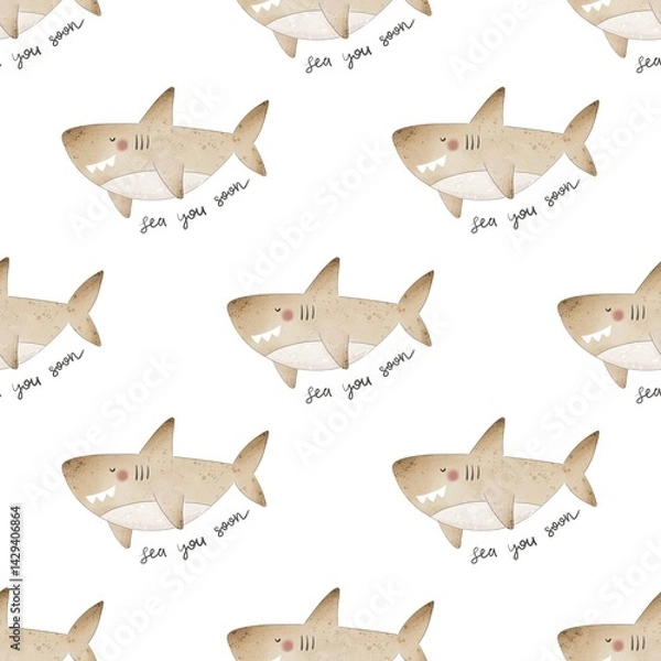 Obraz undersea seamless pattern with cartoon sharks. Colorful illustration flat for kids. hand drawing. baby design for fabric, print, wrapper, textile