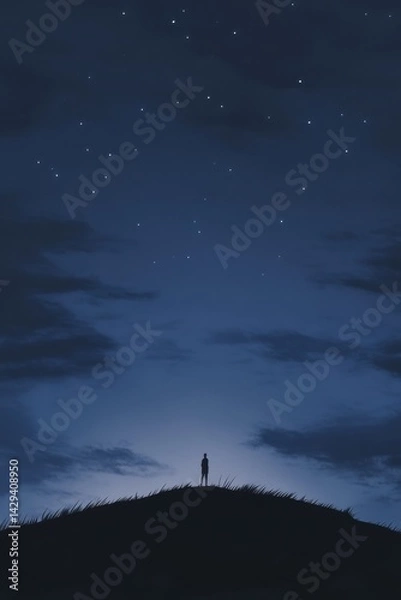Fototapeta Person standing on hill at night