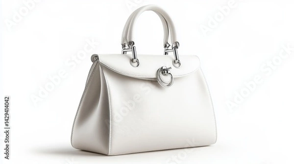 Fototapeta White structured handbag with silver hardware, isolated on white background