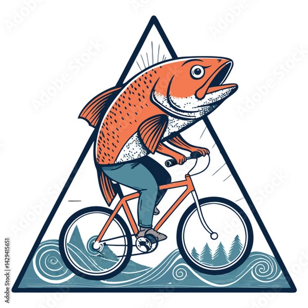 Fototapeta A cartoon fish wearing a helmet, humorously riding a tiny bicycle inside a whimsical, quirky-looking train carriage.