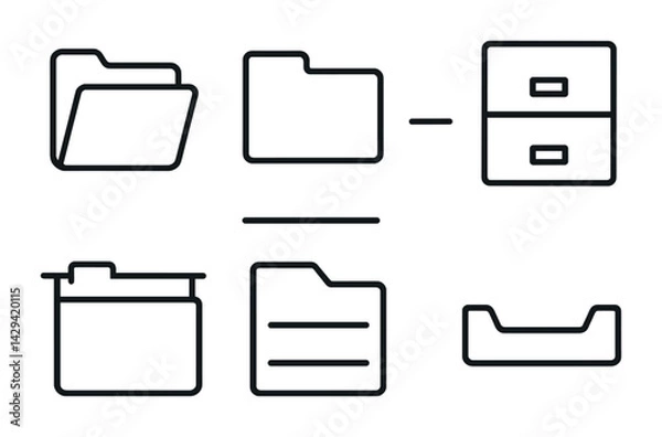 Fototapeta Office file and folder icons set – outline style for organization, storage, and management: document, folder, cabinet, drawer, archive, directory, paperwork.