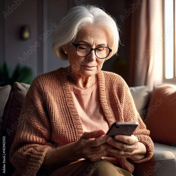 Obraz Eine alte Frau sitzt einsam in ihrer Wohnung und versucht, über ein Smartphone zu kommunizieren.