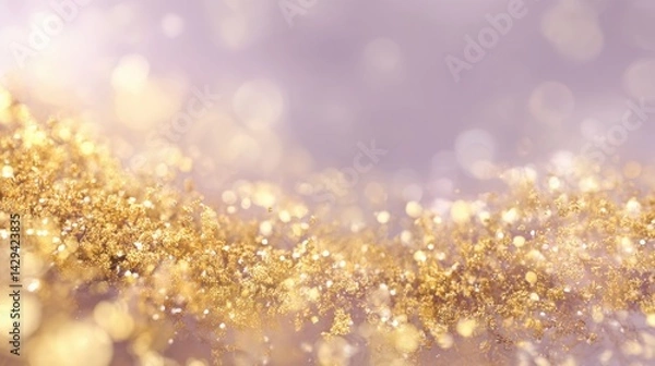 Obraz Abstract gold glitter on soft lilac background, festive sparkle concept. Perfect for luxury brands, holiday promotions, beauty products.