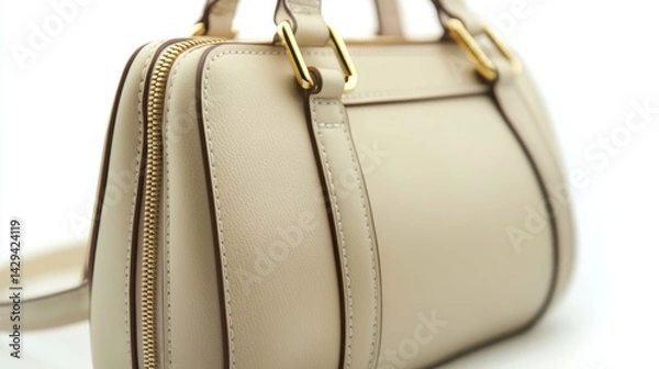 Obraz Minimalist beige leather handbag with gold zipper, isolated on white background