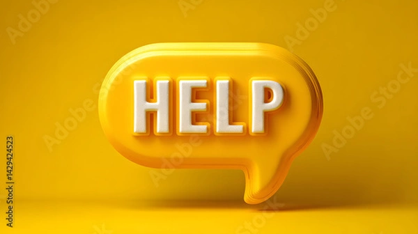 Fototapeta A vibrant yellow speech bubble with 'HELP' prominently displayed in 3D letters, symbolizing support and communication.
