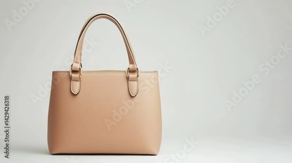 Fototapeta Minimalist beige leather handbag with gold zipper, isolated on white background