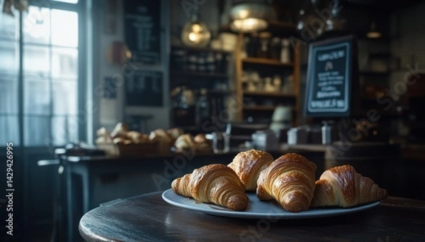 Obraz Golden Croissants on a Rustic Table in a Cozy Cafe